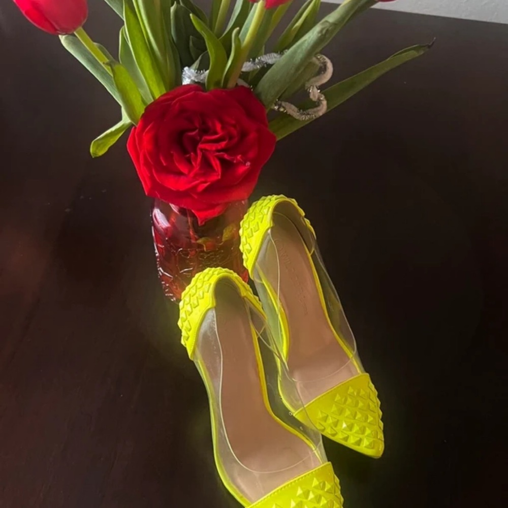 Wild Diva Neon Yellow Studded Pointed-Toe Heels